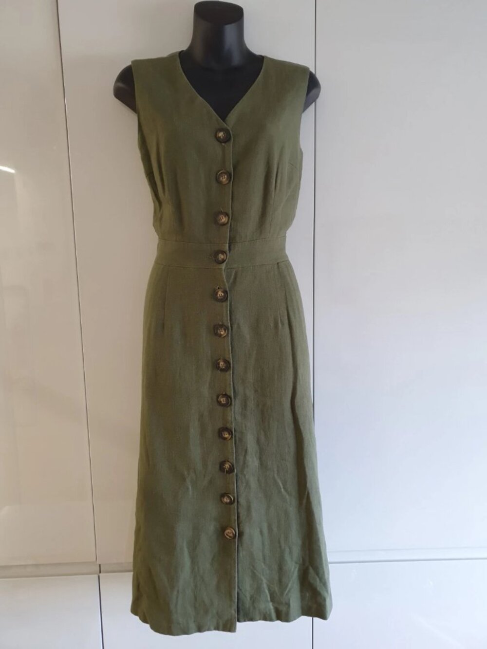 Farhi by Nicole Farhi Shirt Dress UK12 Olive Green Linen Mix Sleeveless